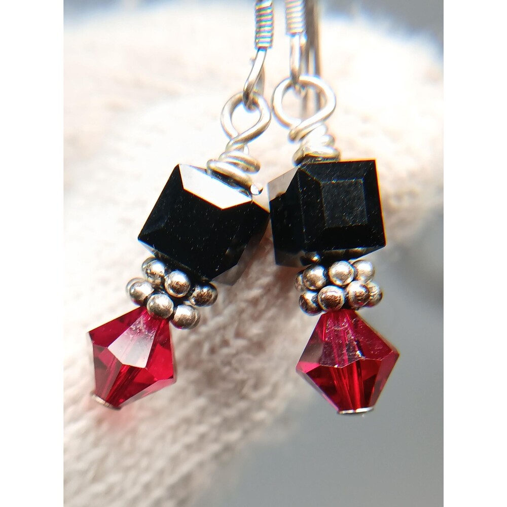 Sterling Silver Black Red Crystal Bead Dangle Earrings - Picture 15 of 16
